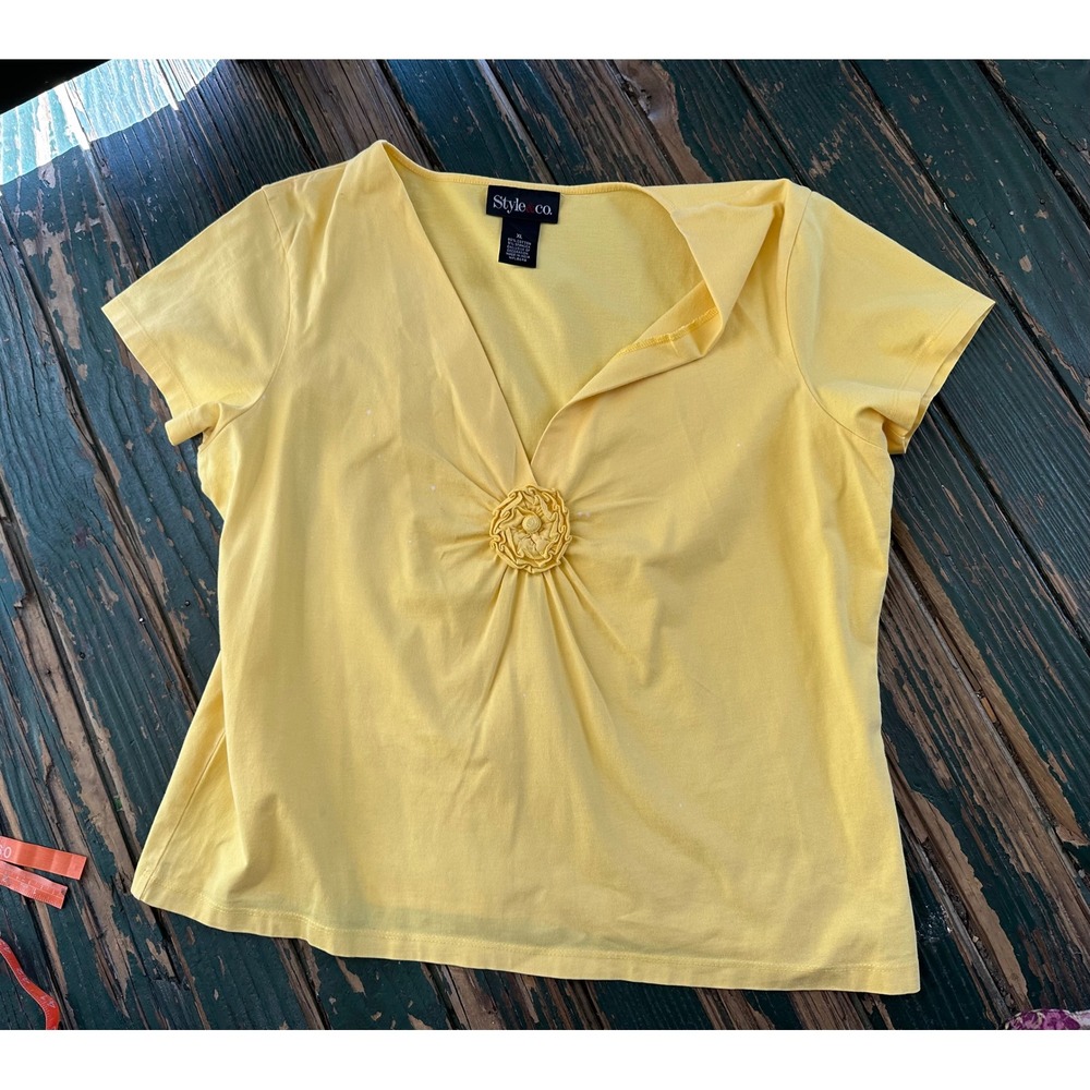 Style & Co Yellow V-Neck Rosette Short Sleeve Top XL A4255